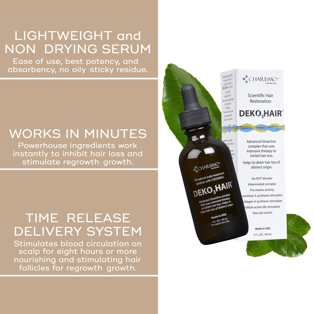 Charismo Dekohair serum packaging box display with informative labeling and brand trust cues