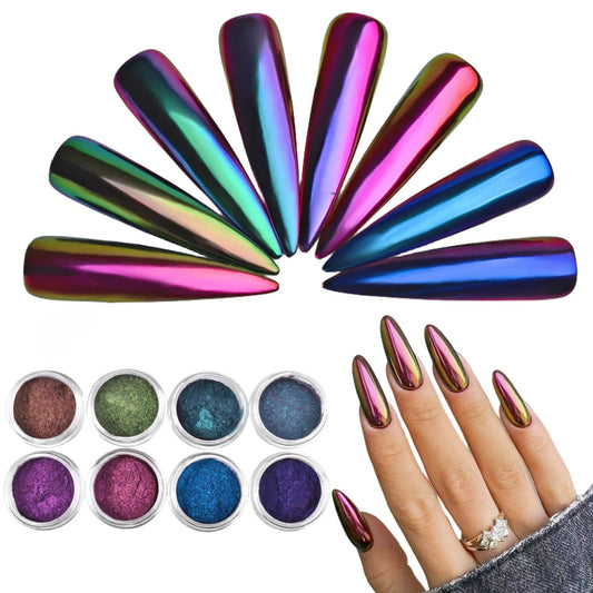 CHARMING MAY Chameleon Chrome powder close-up, mirror finish for gel nails.