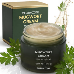 CHARMZONE Mugwort Cream jar close-up showing deep hydration for dry skin.