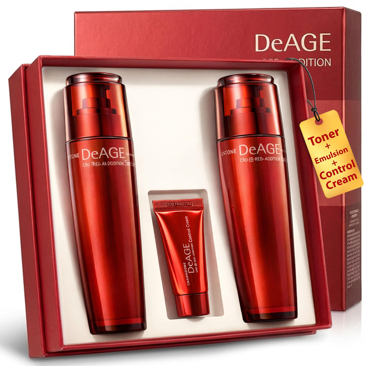 CHARMZONE Red Addition toner pour bottle ready for hydrating morning routine.