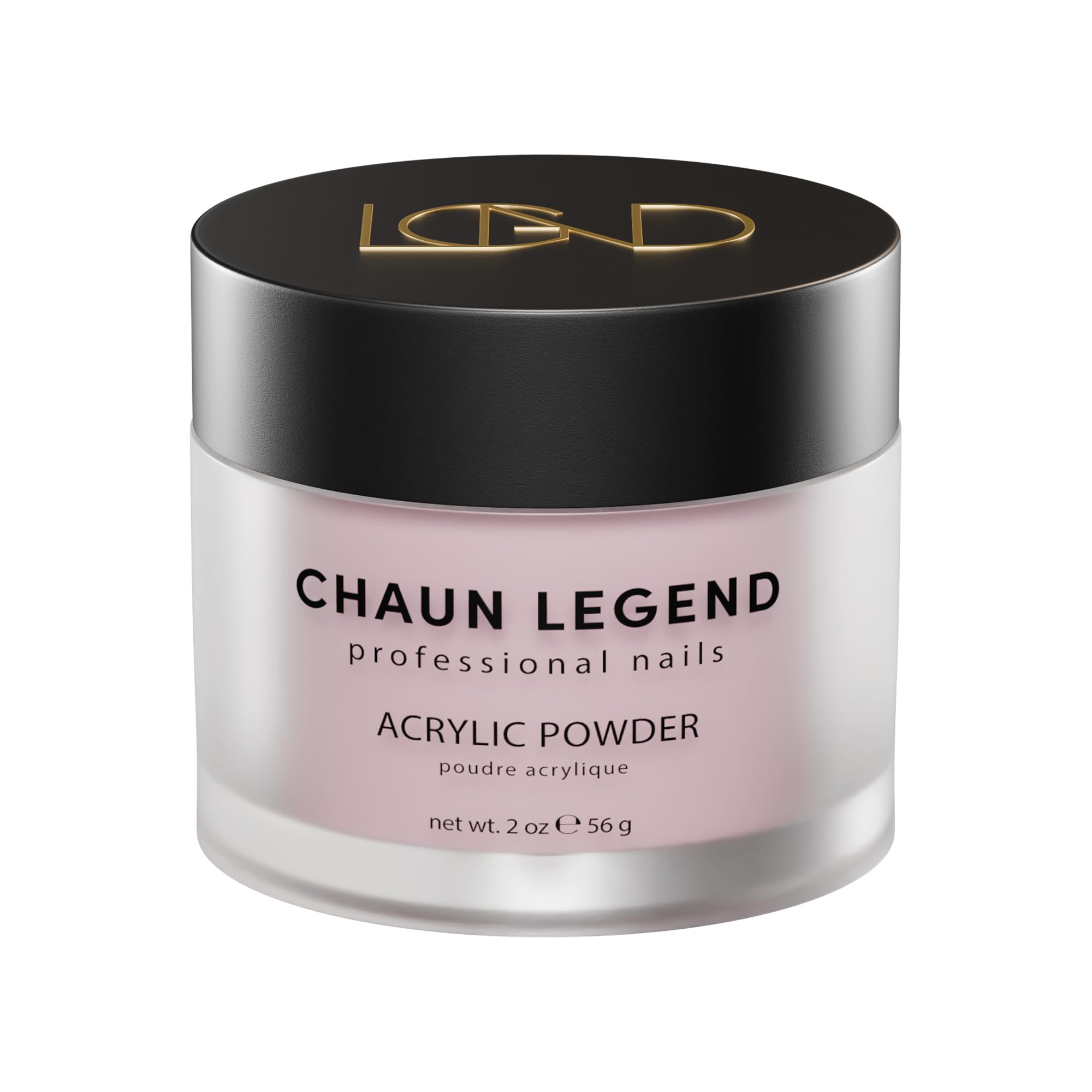Chaun Legend Acrylic Powder 2oz Pink Parade bottle shows soft pink shimmer for pro nails.