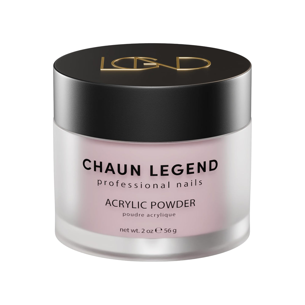 Chaun Legend Acrylic Powder 2oz Pink Parade bottle shows soft pink shimmer for pro nails.