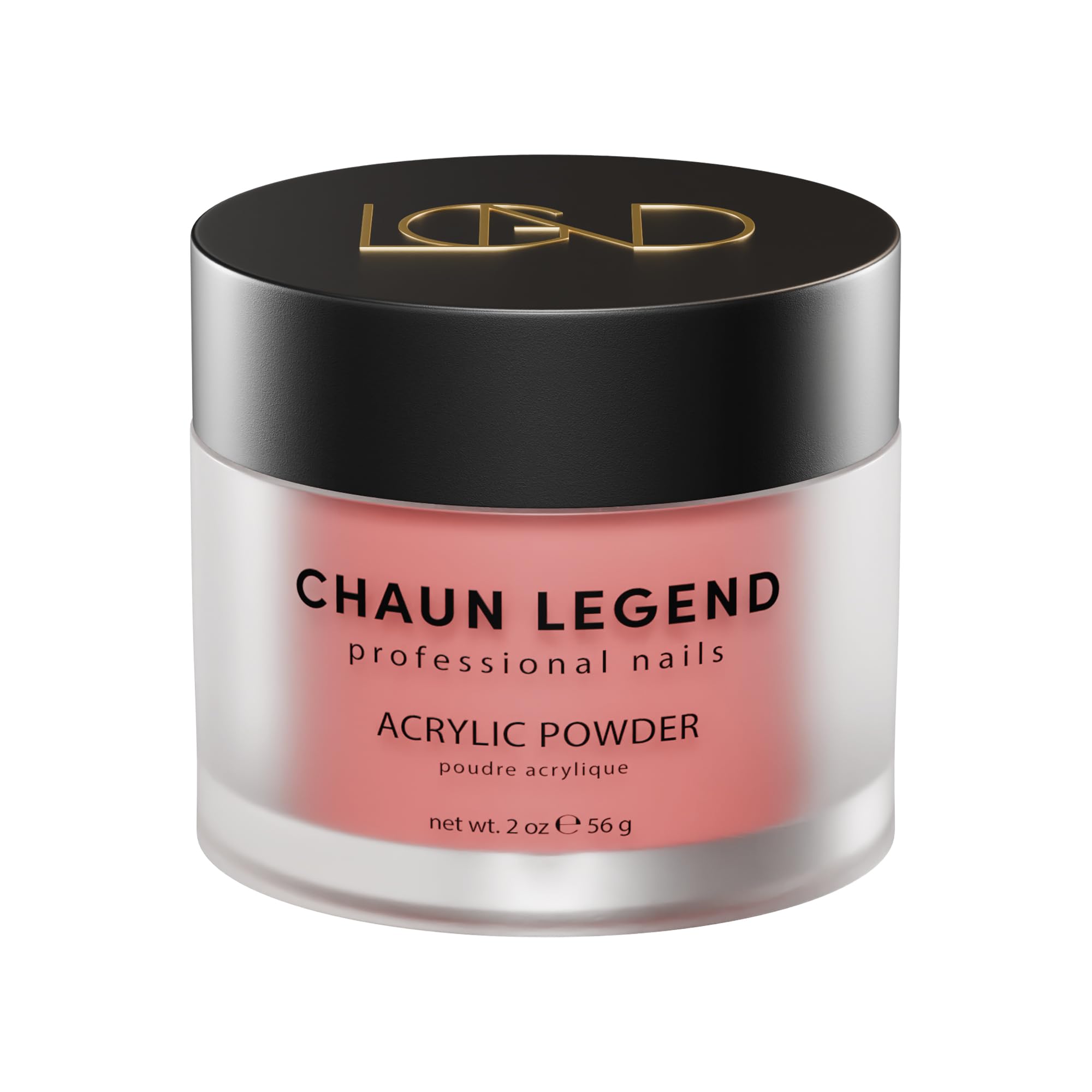 Chaun Legend acrylic powder Melon Mist jar shows vibrant pink with red undertones for soft, eye-catching nails.