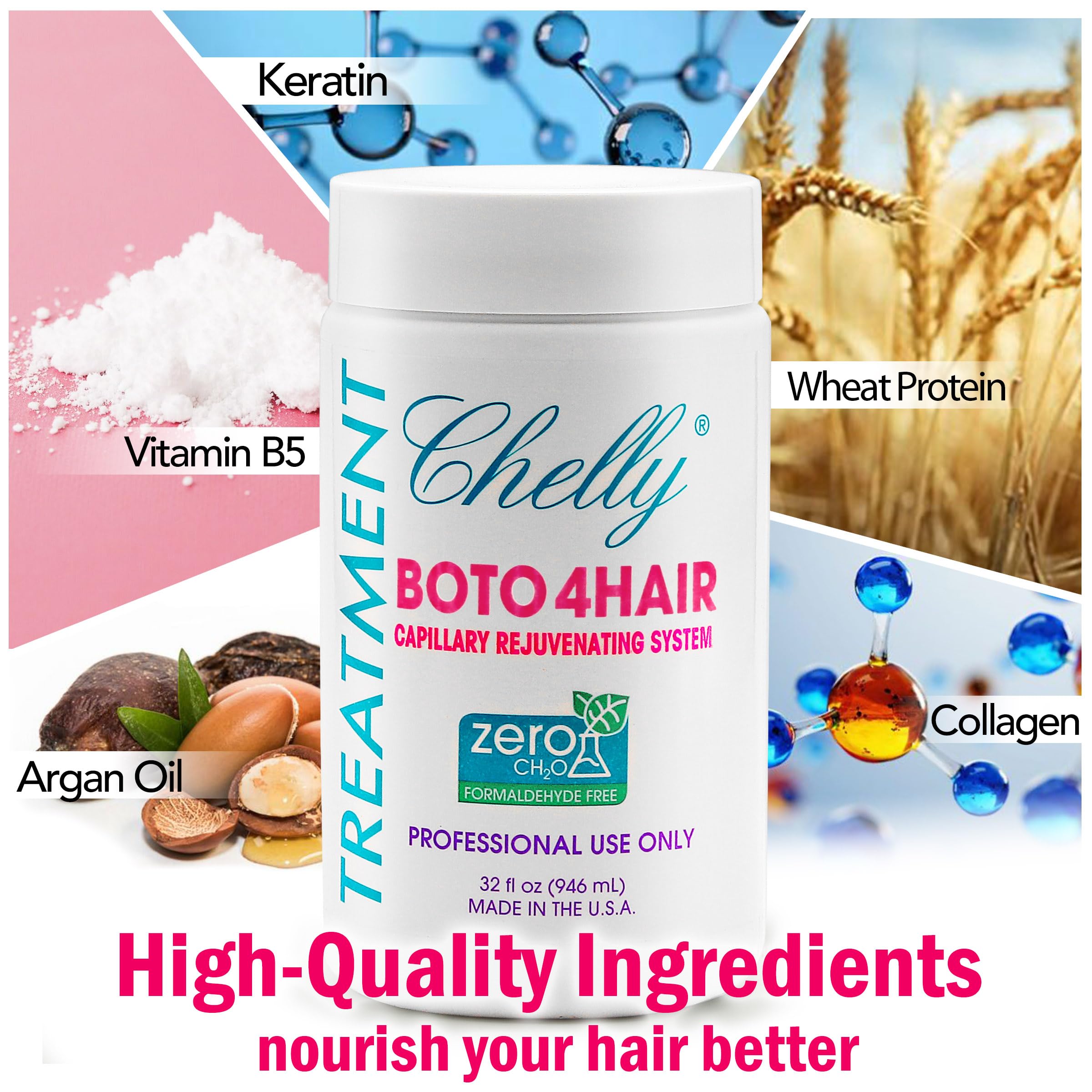 CHELLY antioxidant-protein formula nourishes hair with essential nutrients.