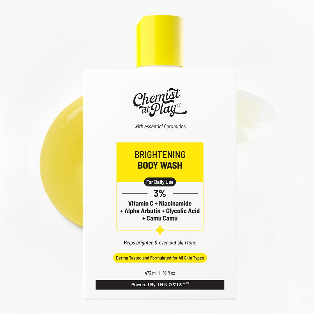 Chemist at Play Brightening Body Wash bottle showcasing glow-boosting formula for refreshed skin.