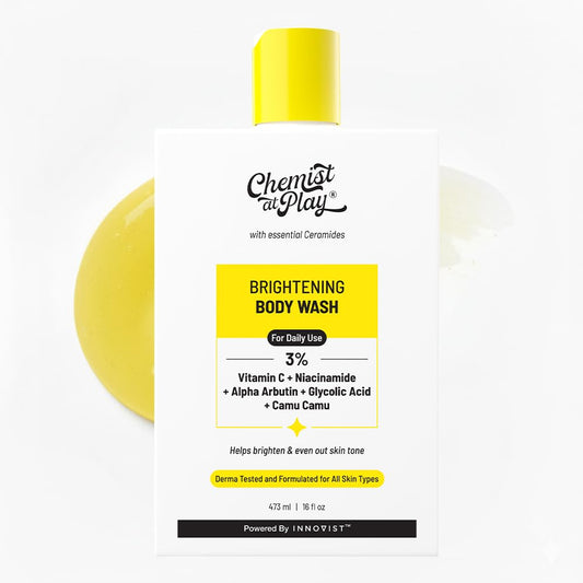 Chemist at Play Brightening Body Wash bottle showcasing glow-boosting formula for refreshed skin.