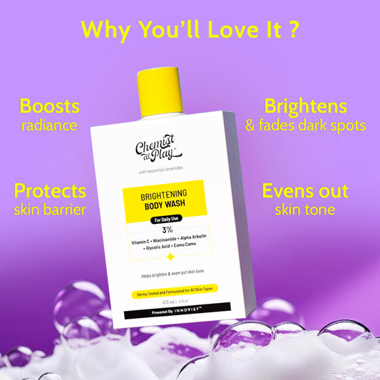 Chemist at Play bubbles highlight luxurious cleansing and radiant skin feel.