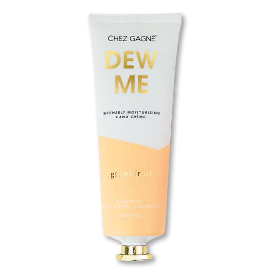 Chez Gagné Dew Me Hand Crème bottle with grapefruit scent delivering bright hydration.