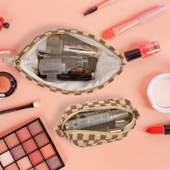 ChezMax checkered makeup bag large shown with spacious interior for brushes and cosmetics