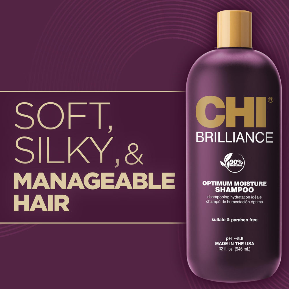 Olive oil drops highlight CHI Deep Brilliance's nourishing hydration for healthier strands.