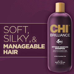 Olive oil drops highlight CHI Deep Brilliance's nourishing hydration for healthier strands.