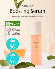 CHICHO Boosting Serum vegan packaging highlighting clean formula.