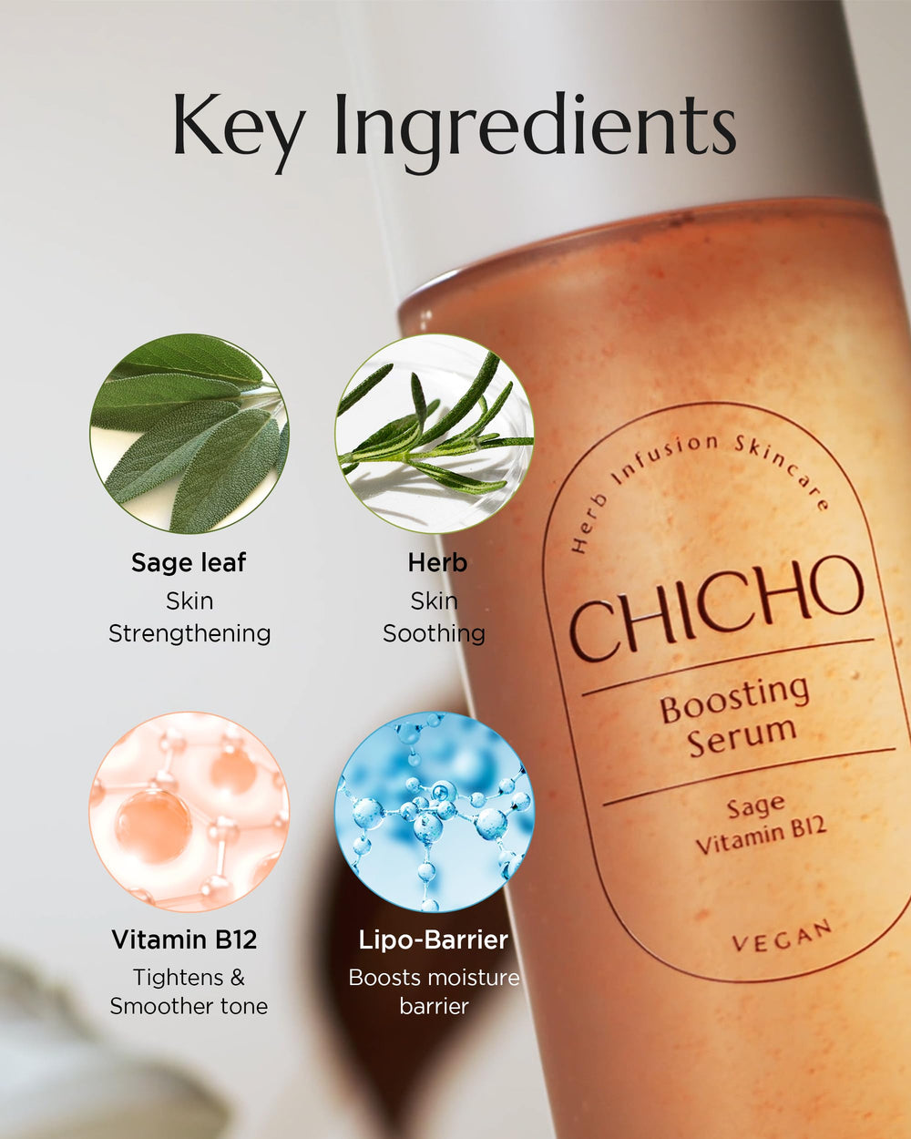 CHICHO Boosting Serum texture closeup shows a light gel-mist layer.