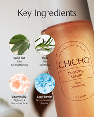 CHICHO Boosting Serum texture closeup shows a light gel-mist layer.