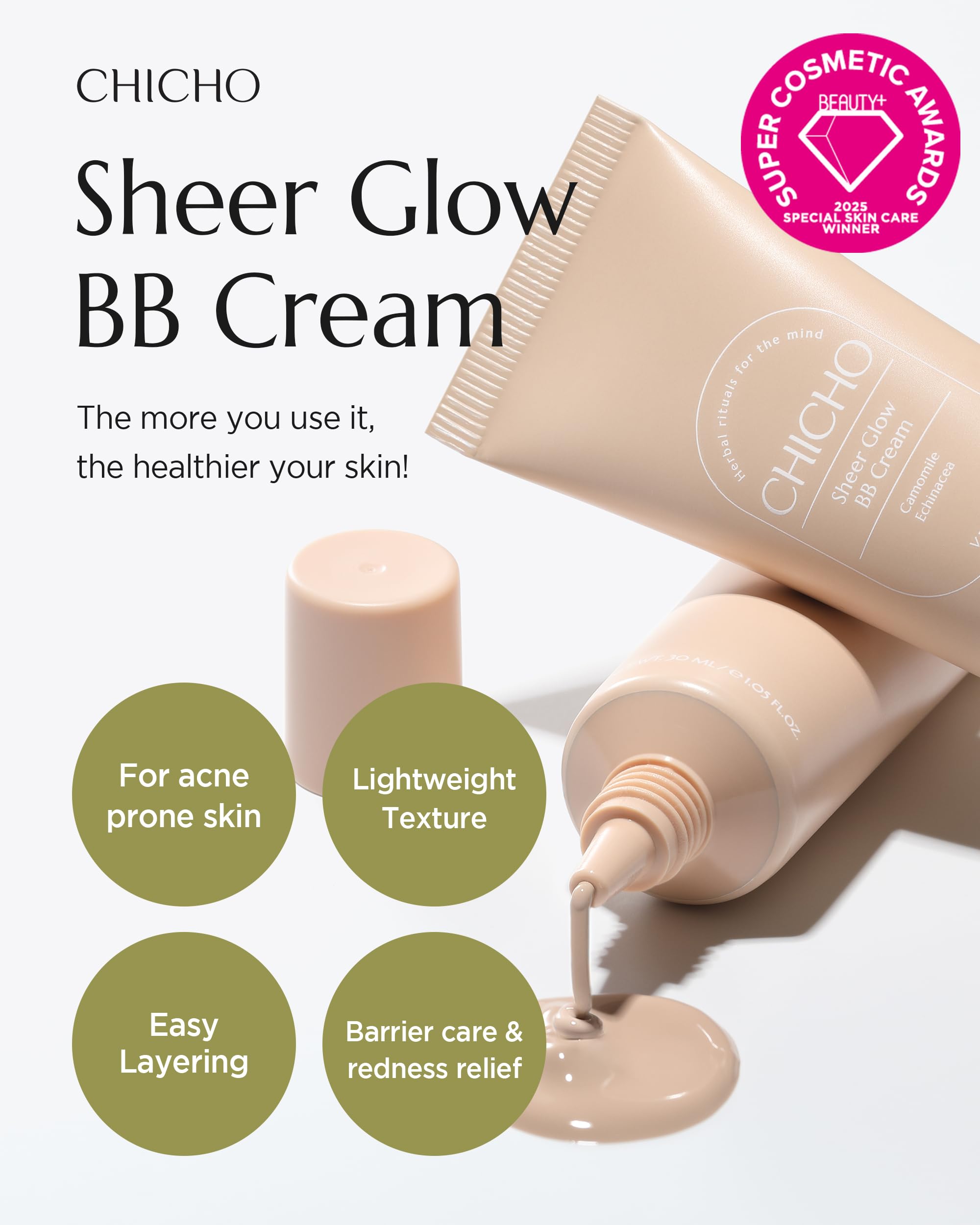 CHICHO Sheer Glow BB Cream being applied for a natural, non-greasy finish
