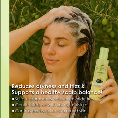 Chihtsai Olive Shampoo label highlights olive extract and protein for nourished strands.