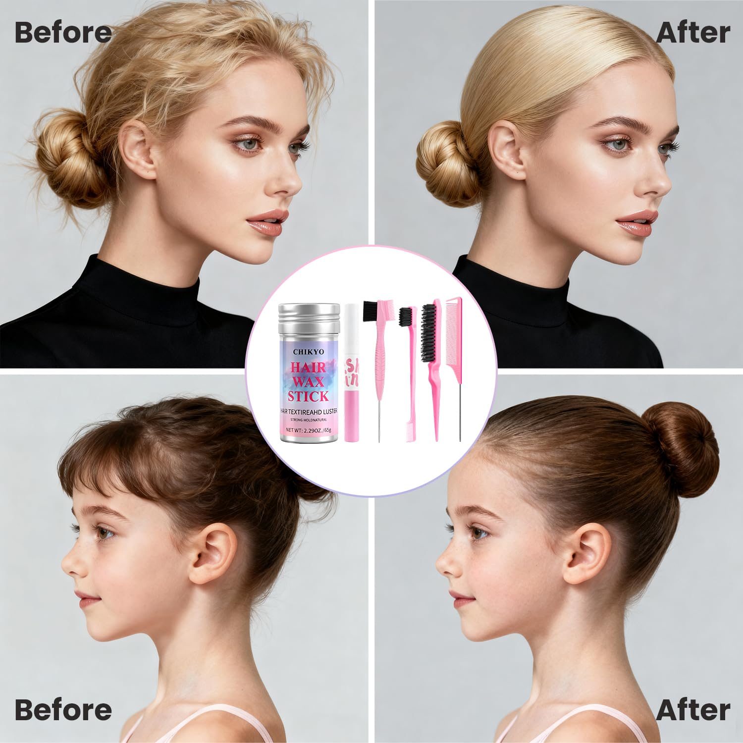 Chikyo finishing stick shaping baby hairs along the hairline