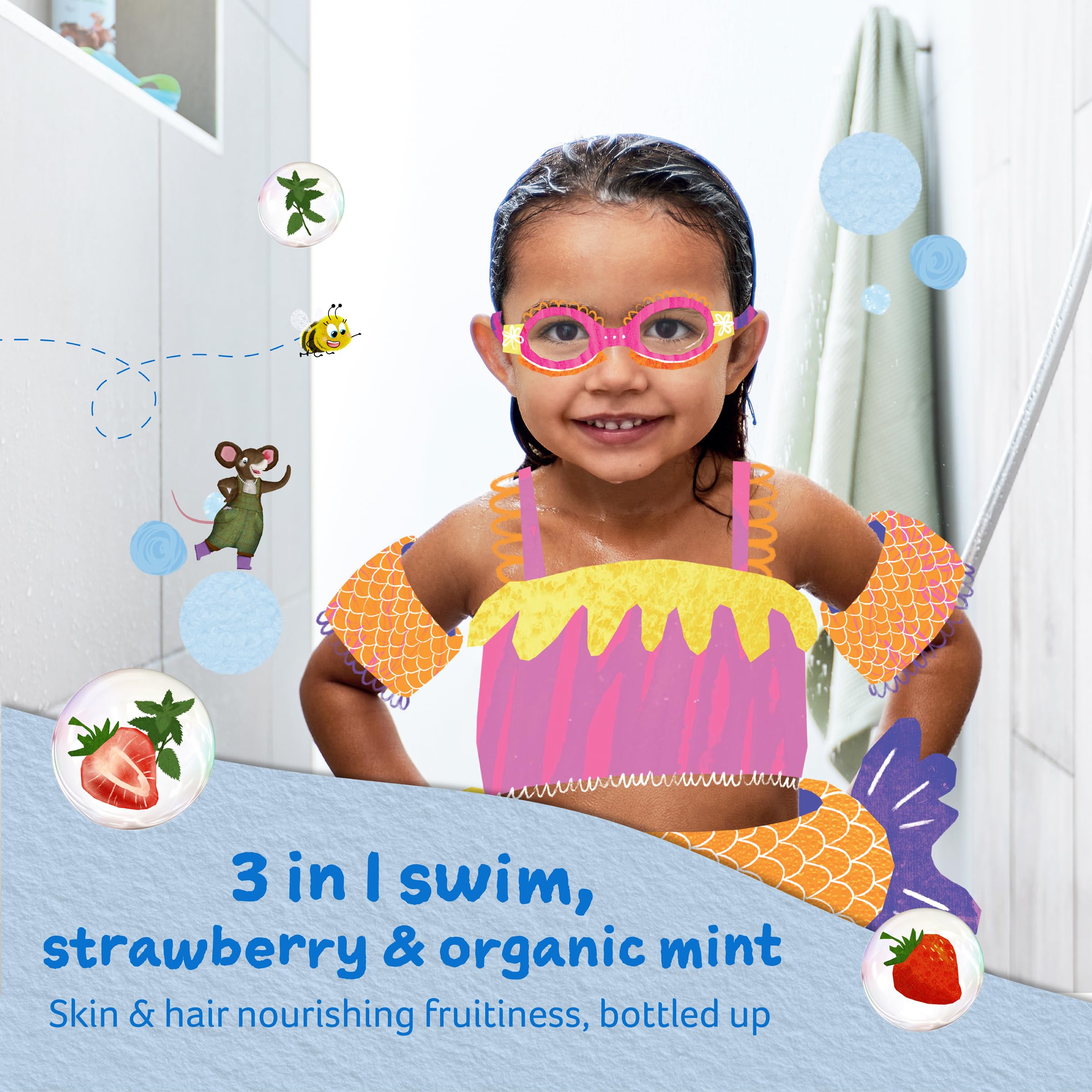 Close-up of strawberry and organic mint label on Childs Farm bottle.
