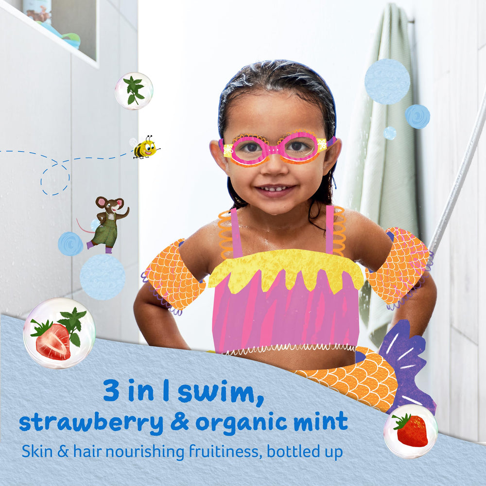 Close-up of strawberry and organic mint label on Childs Farm bottle.