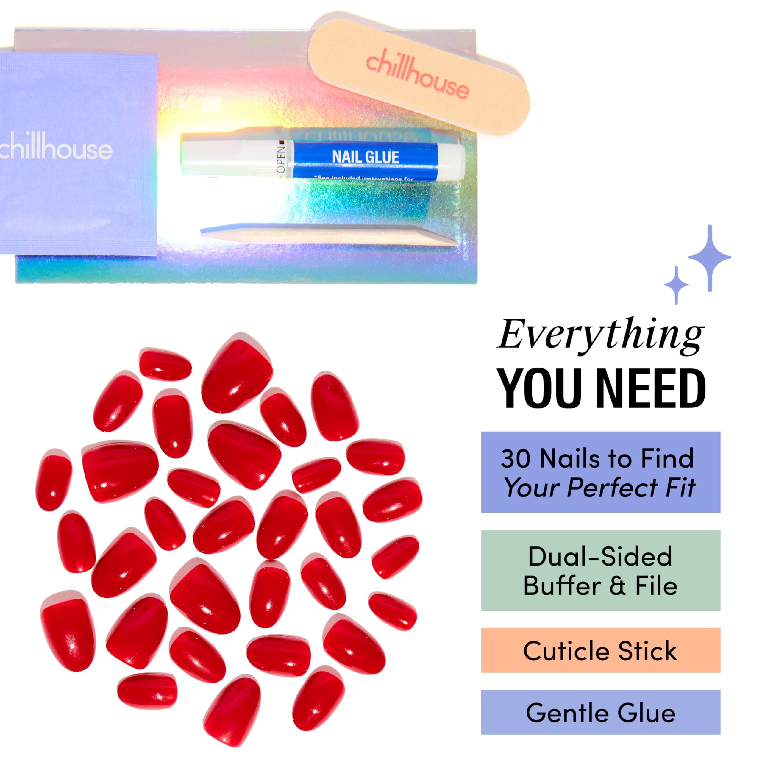 Chillhouse cuticle stick included for prep before application.
