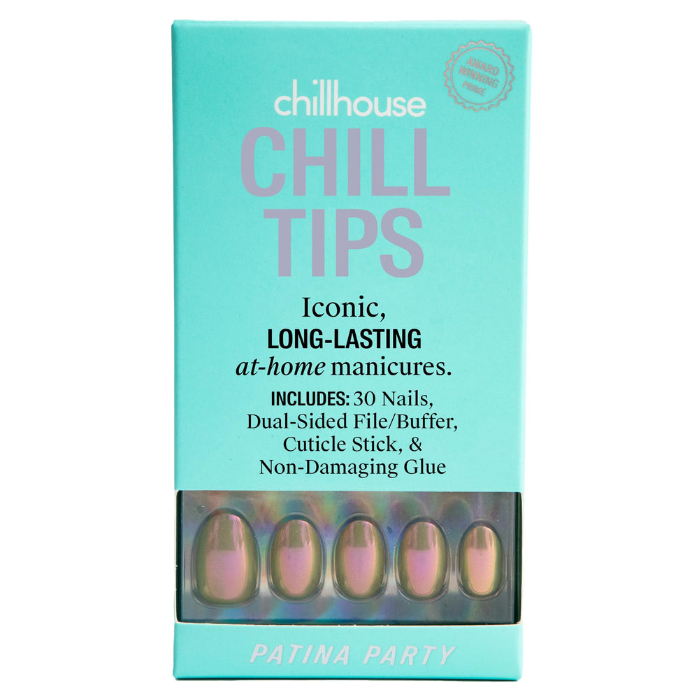 Chillhouse Patina Party Oval Tips close-up with iridescent chrome finish for bold nails