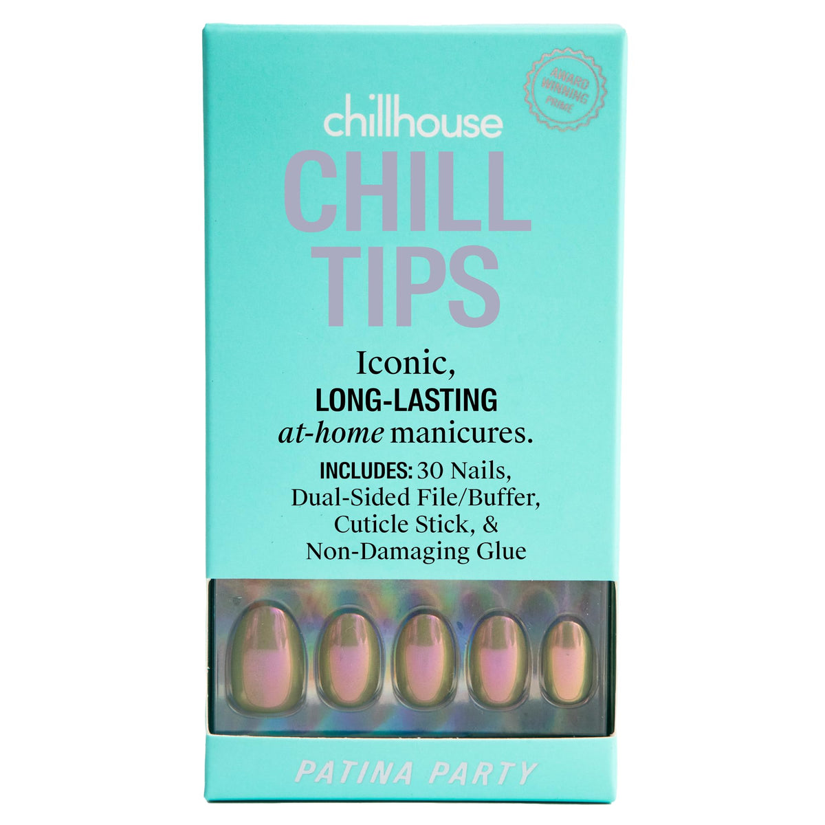 Chillhouse Patina Party Oval Tips close-up with iridescent chrome finish for bold nails