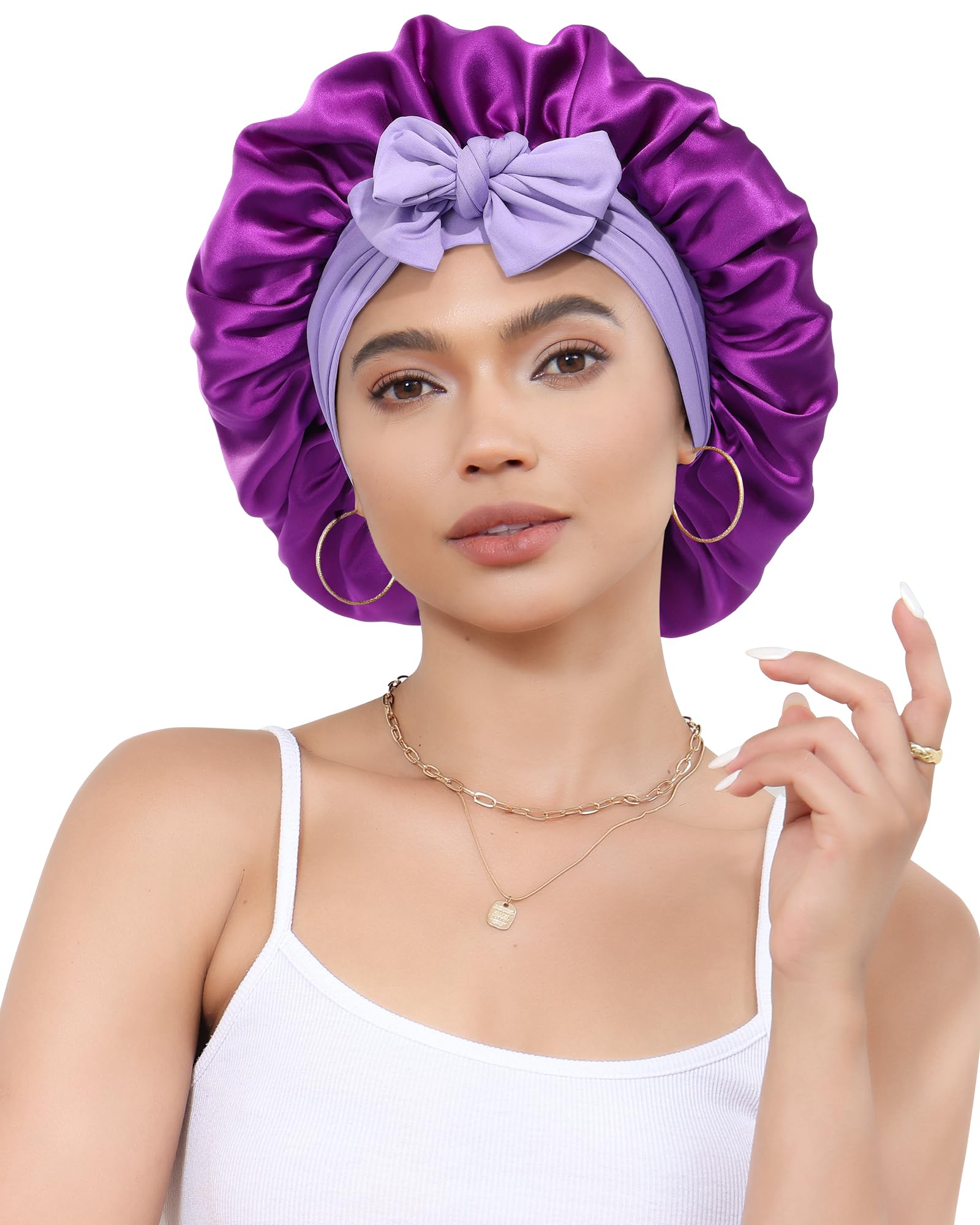 CHLINS silk bonnet double-layer in Wisteria showcases luxury overnight frizz control.