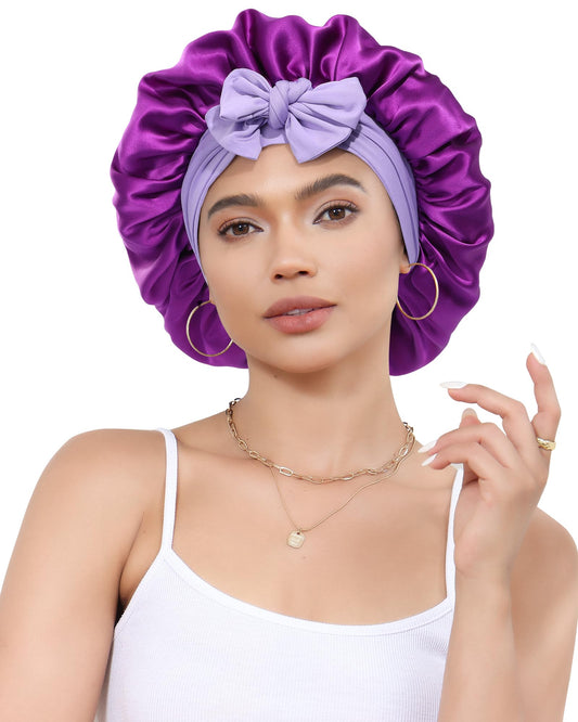CHLINS silk bonnet double-layer in Wisteria showcases luxury overnight frizz control.