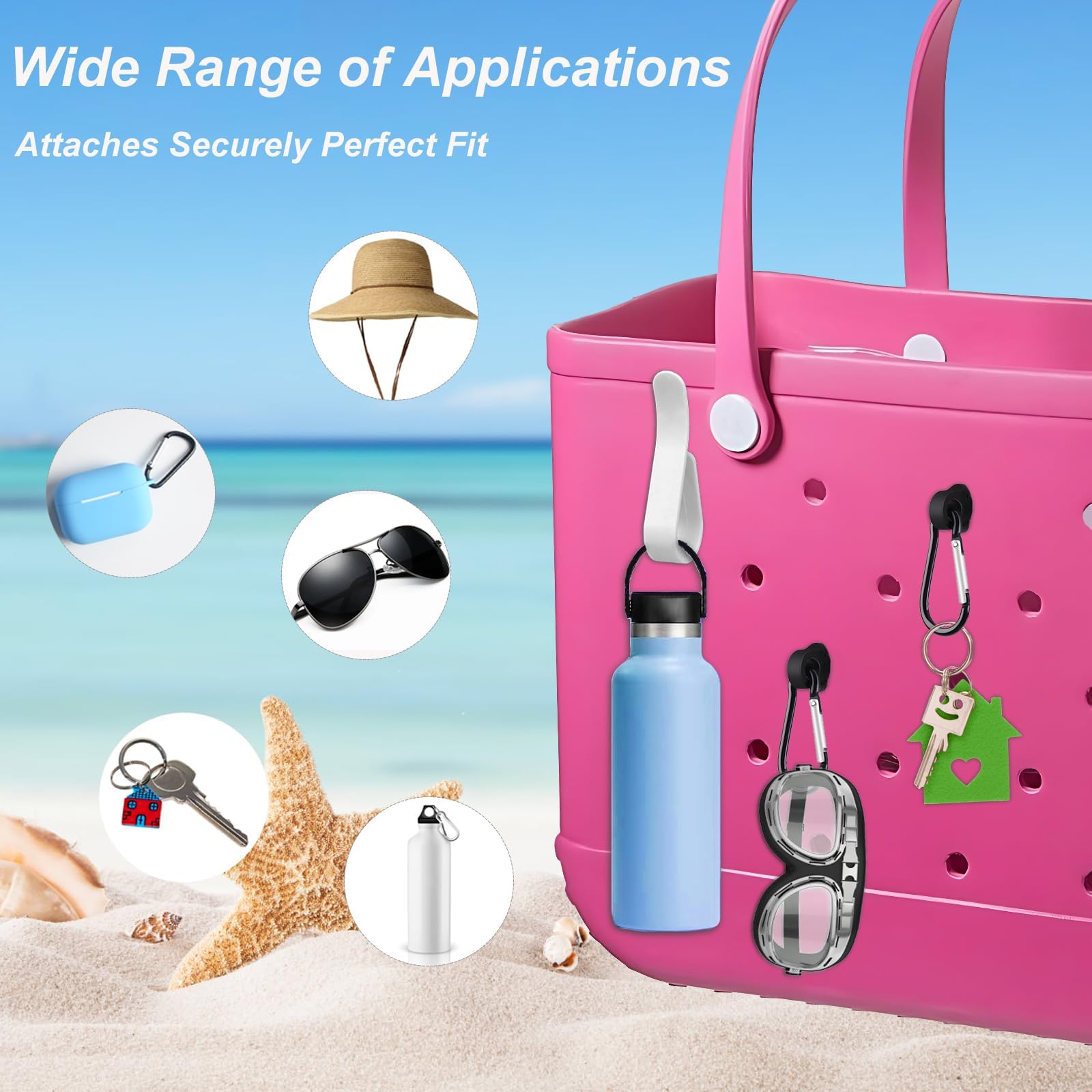 Choshion beach tote organization with hooks and buckles for keys and sunglasses