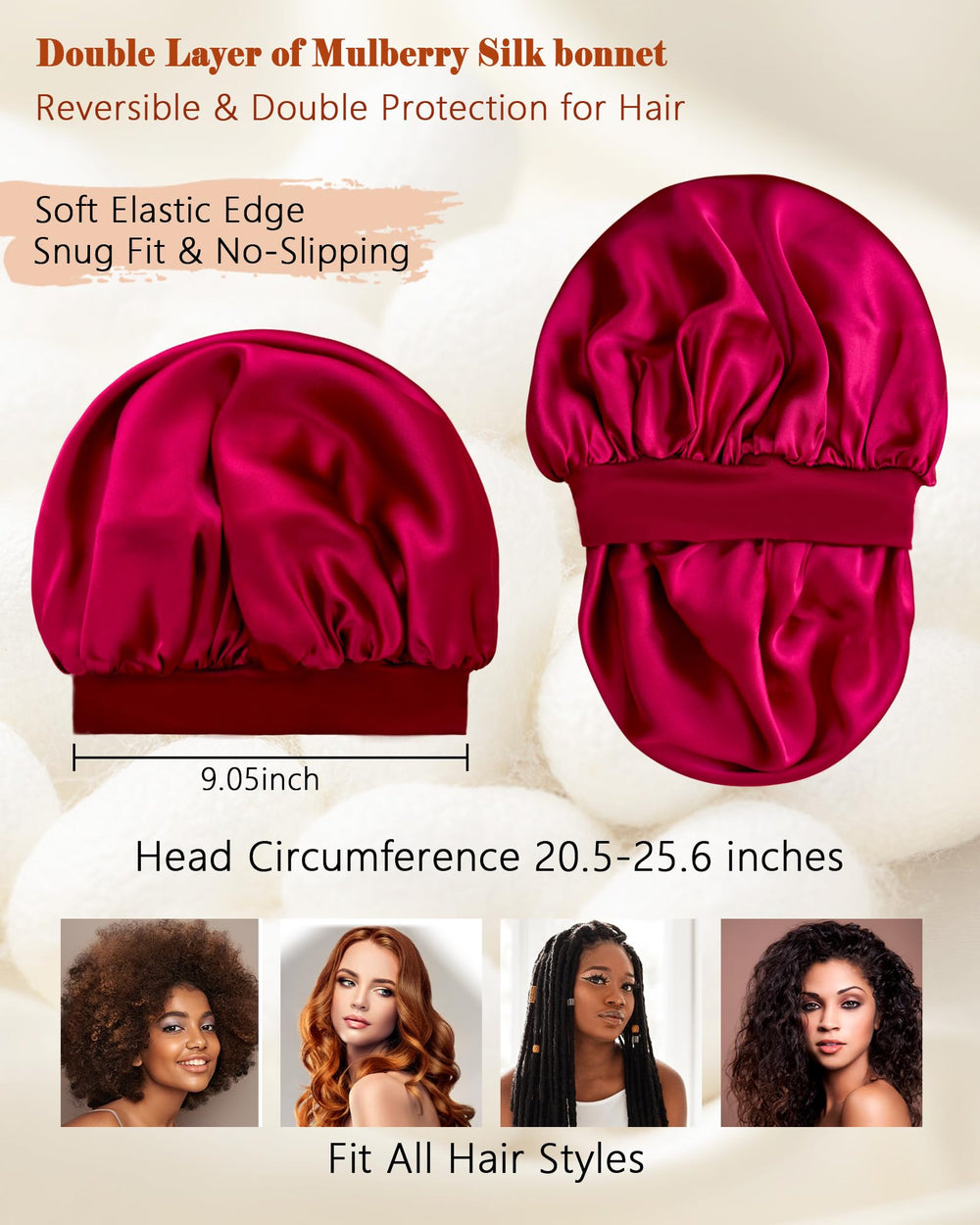 Choshion bonnet with wide soft elastic band demonstrates secure, comfortable fit.