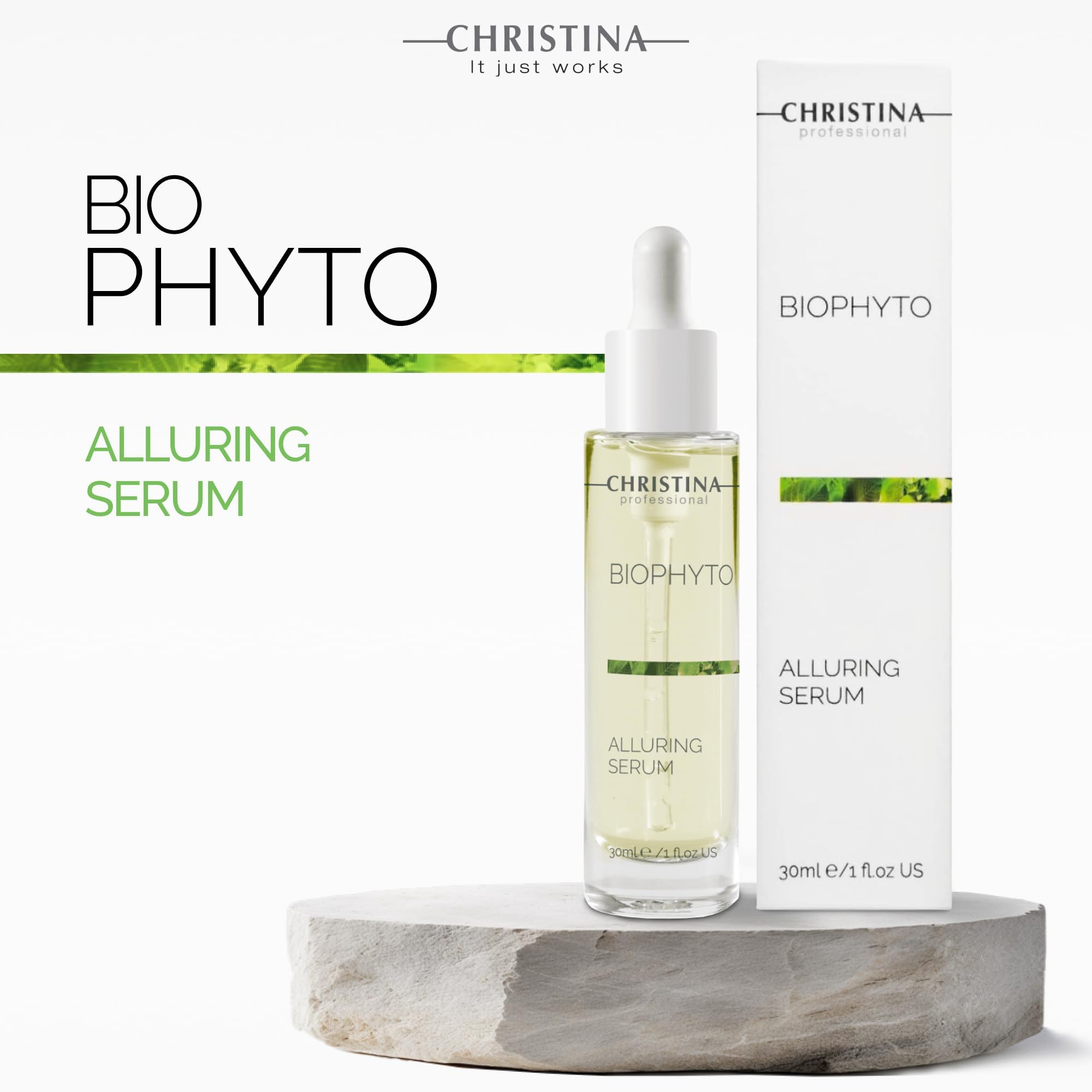 Christina Biophyto Alluring Serum application on face and neck demonstrates simple routine