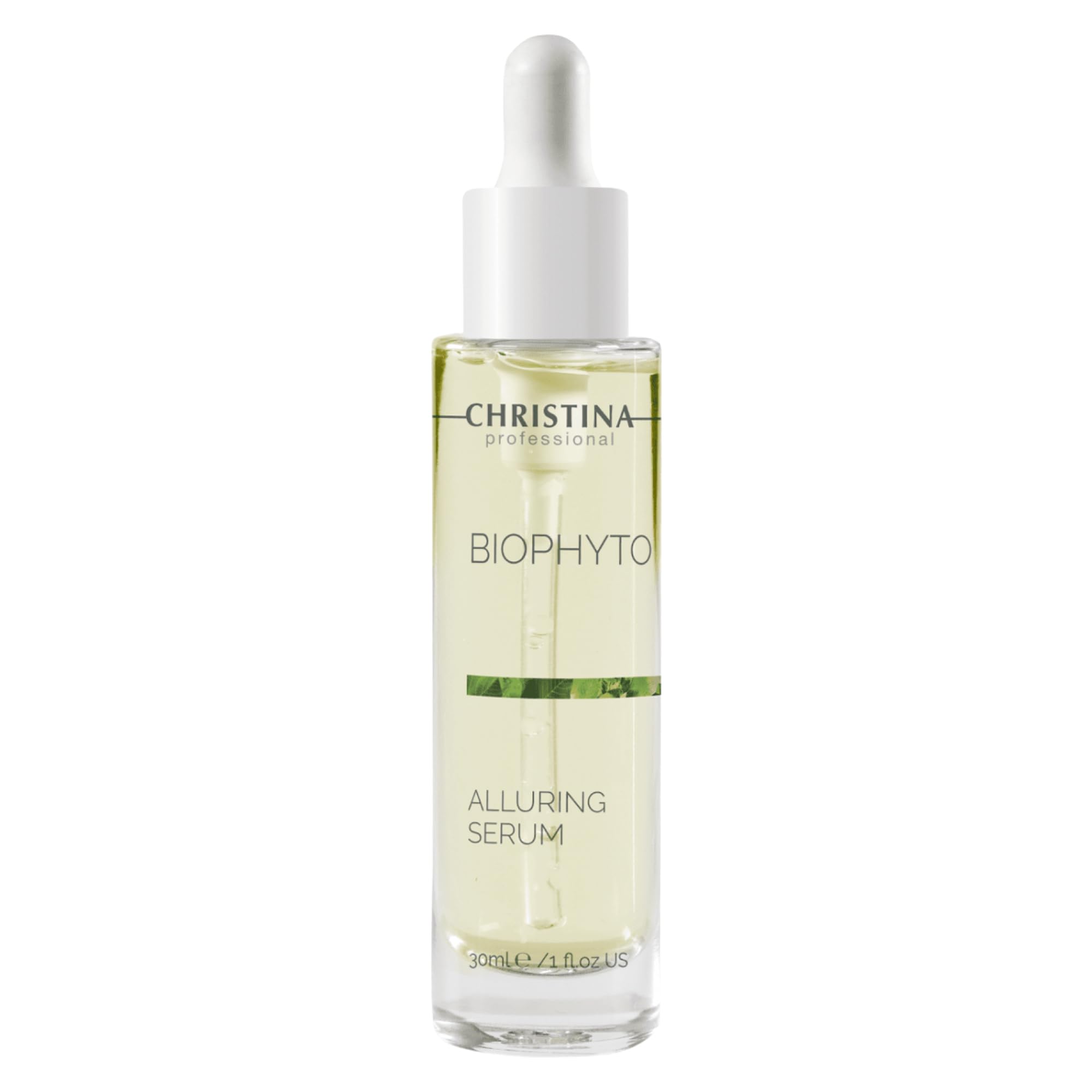 Christina Biophyto Alluring Serum bottle pour suggests smooth, radiant hydration for the skin