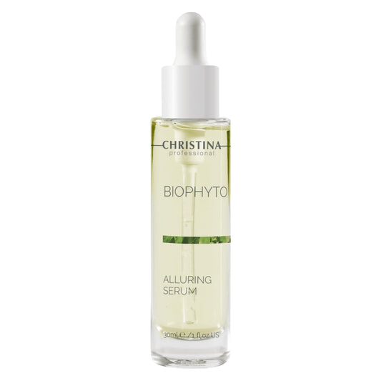 Christina Biophyto Alluring Serum bottle pour suggests smooth, radiant hydration for the skin