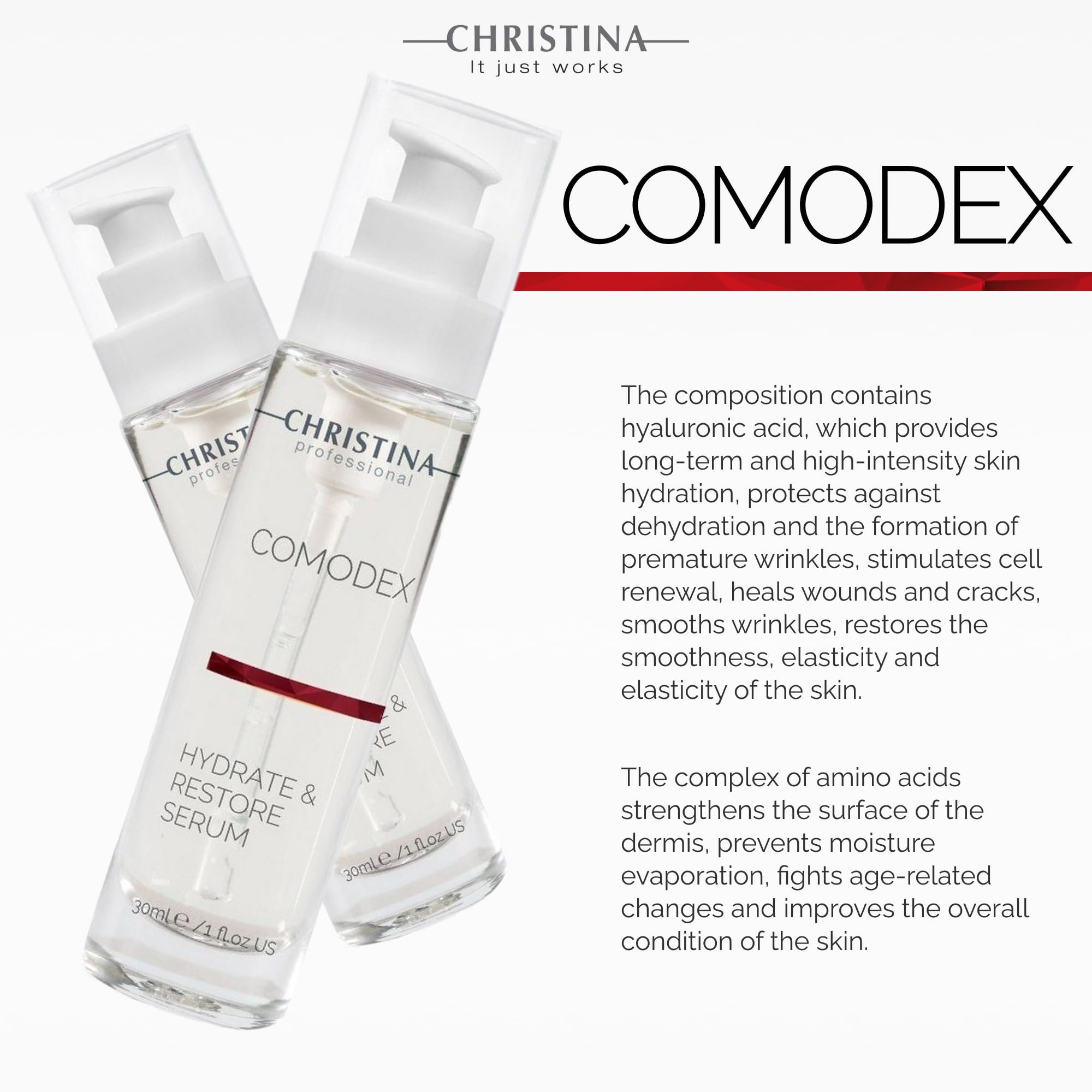Christina Comodex serum drop on finger shows quick absorption.