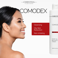 Cotton pad swiping Christina Comodex toner across skin for balance