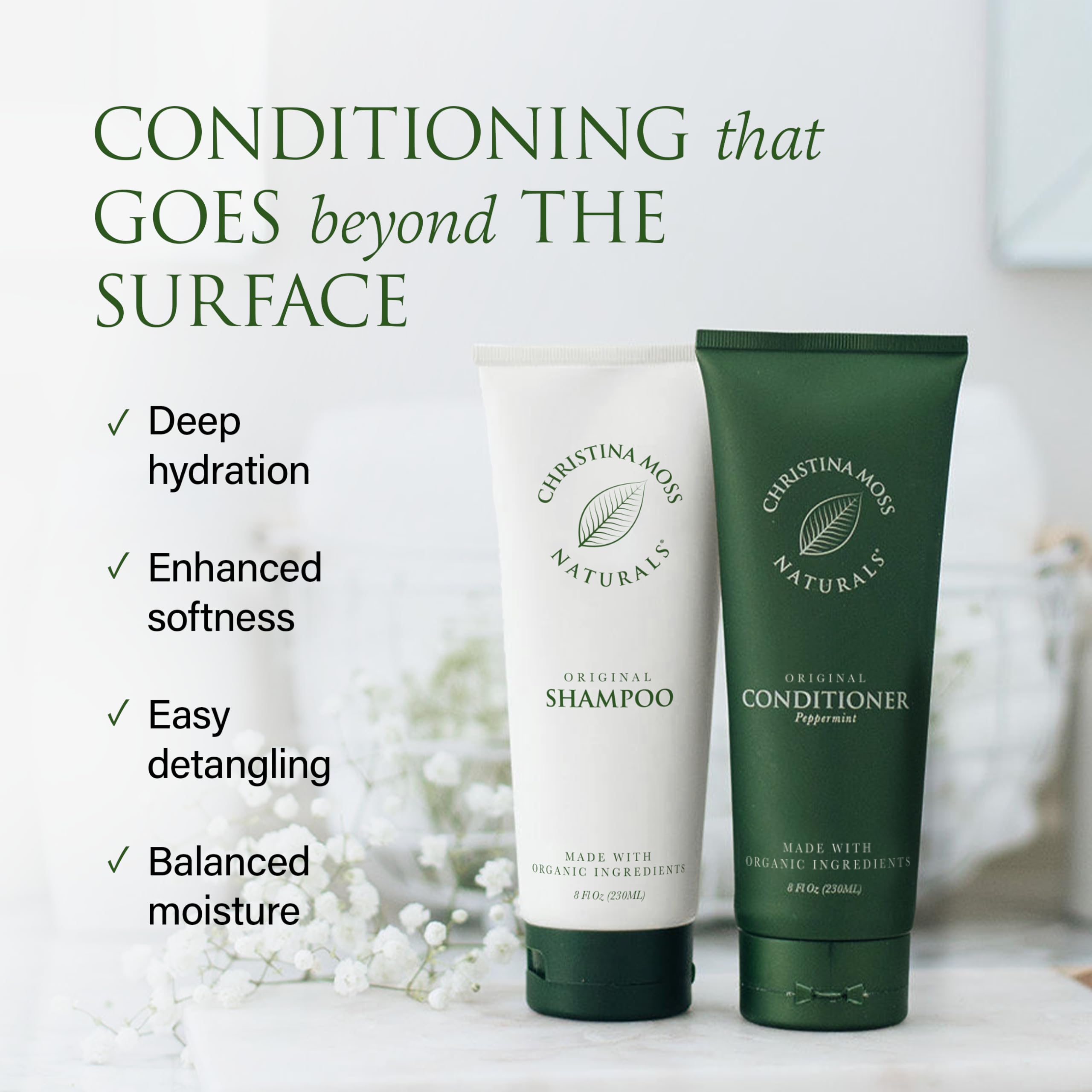 Christina Moss Naturals conditioner application on hair, suitable as leave-in for extra softness