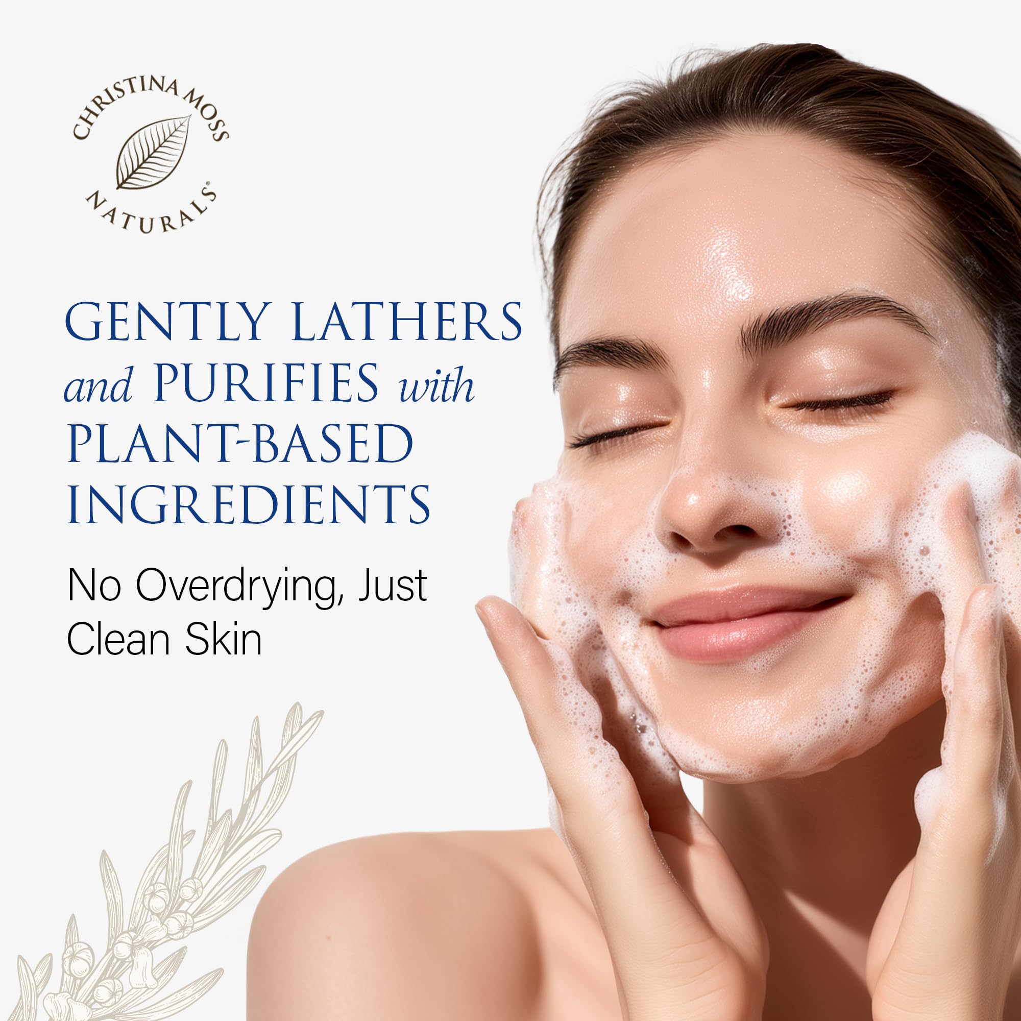 Close-up of Christina Moss Naturals face wash with aloe and rosemary for soothing skin.