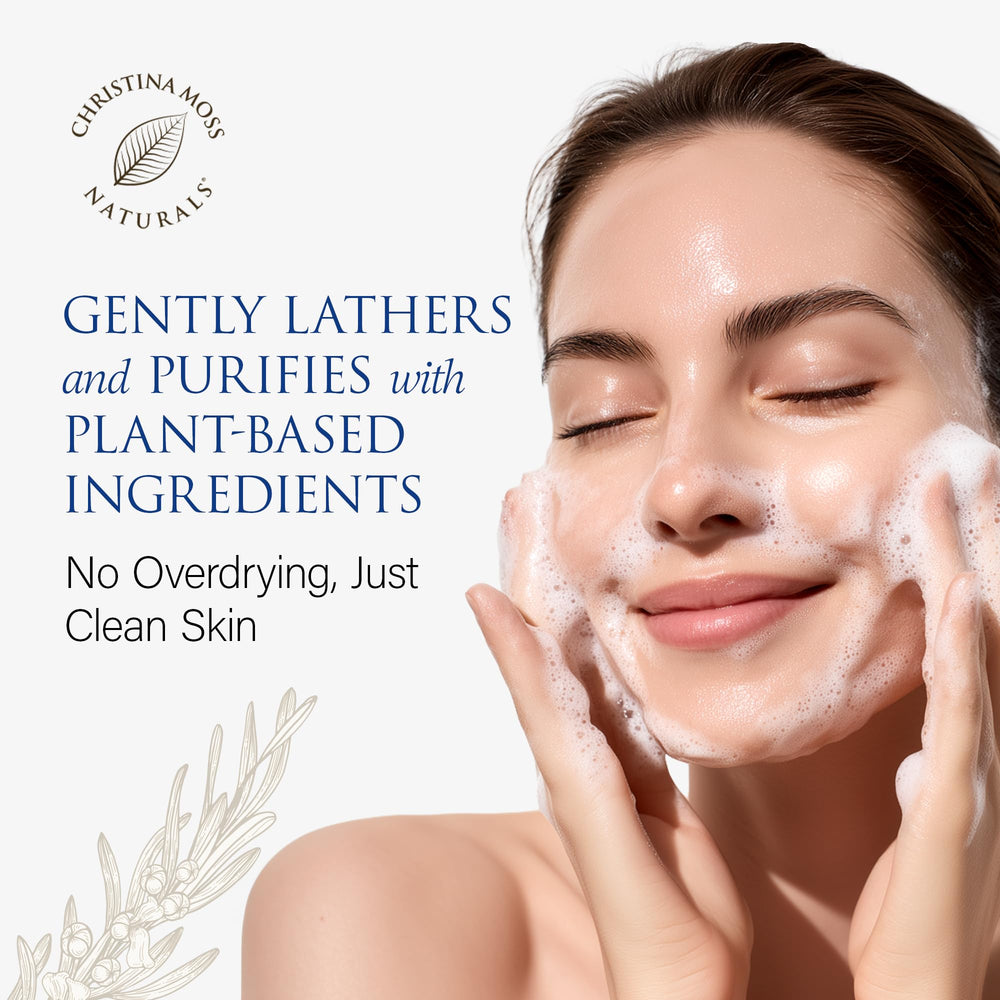 Close-up of Christina Moss Naturals face wash with aloe and rosemary for soothing skin.