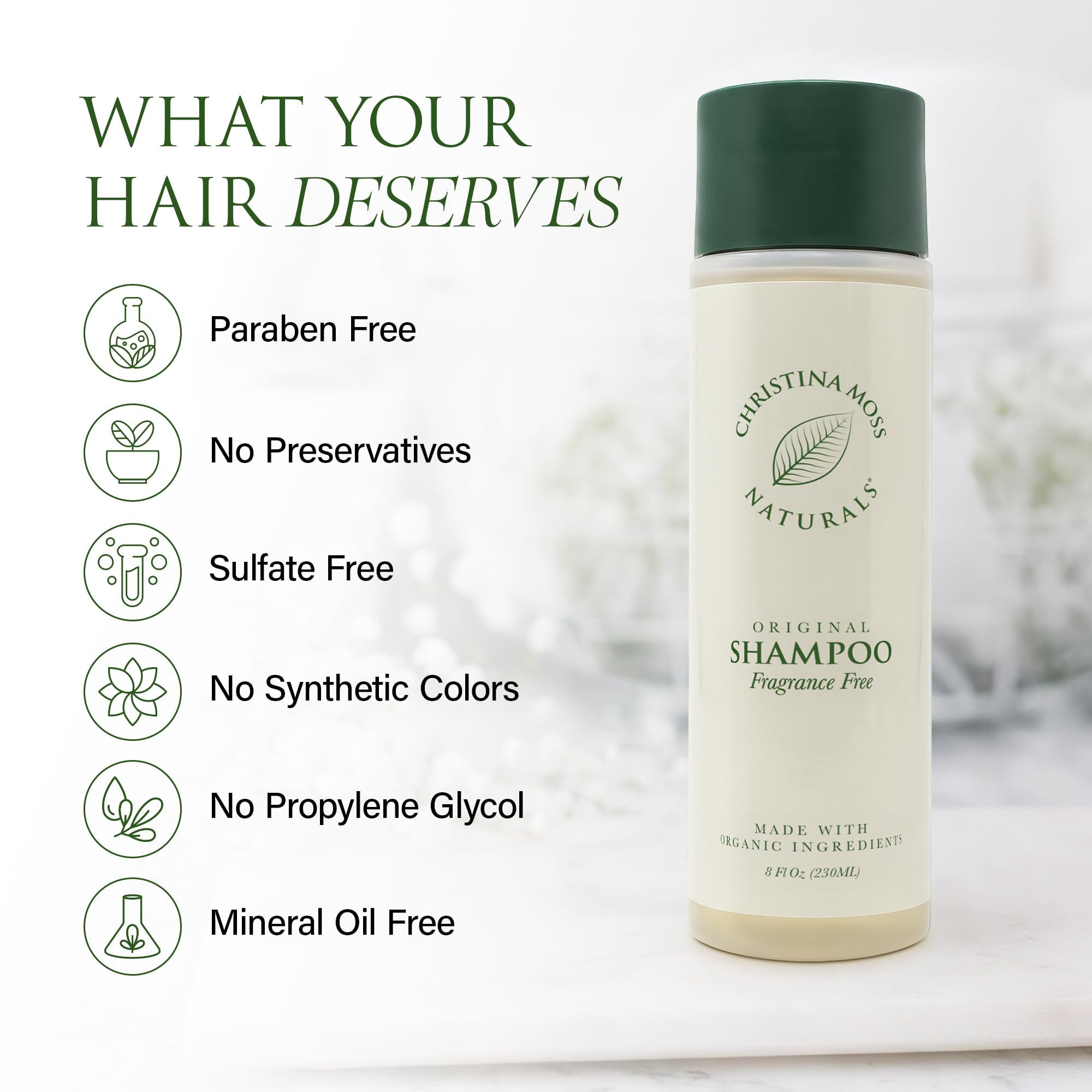 Christina Moss Naturals Shampoo rosemary extract scene showing buildup removal potential