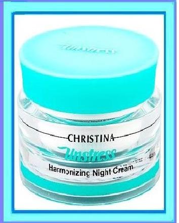 CHRISTINA Unstress Harmonizing Night Cream bottle demonstrates hydration and renewal for dry, aging skin.