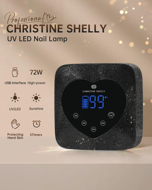 CHRISTINE SHELLY hand-under-lamp image highlights hands-free curing convenience.