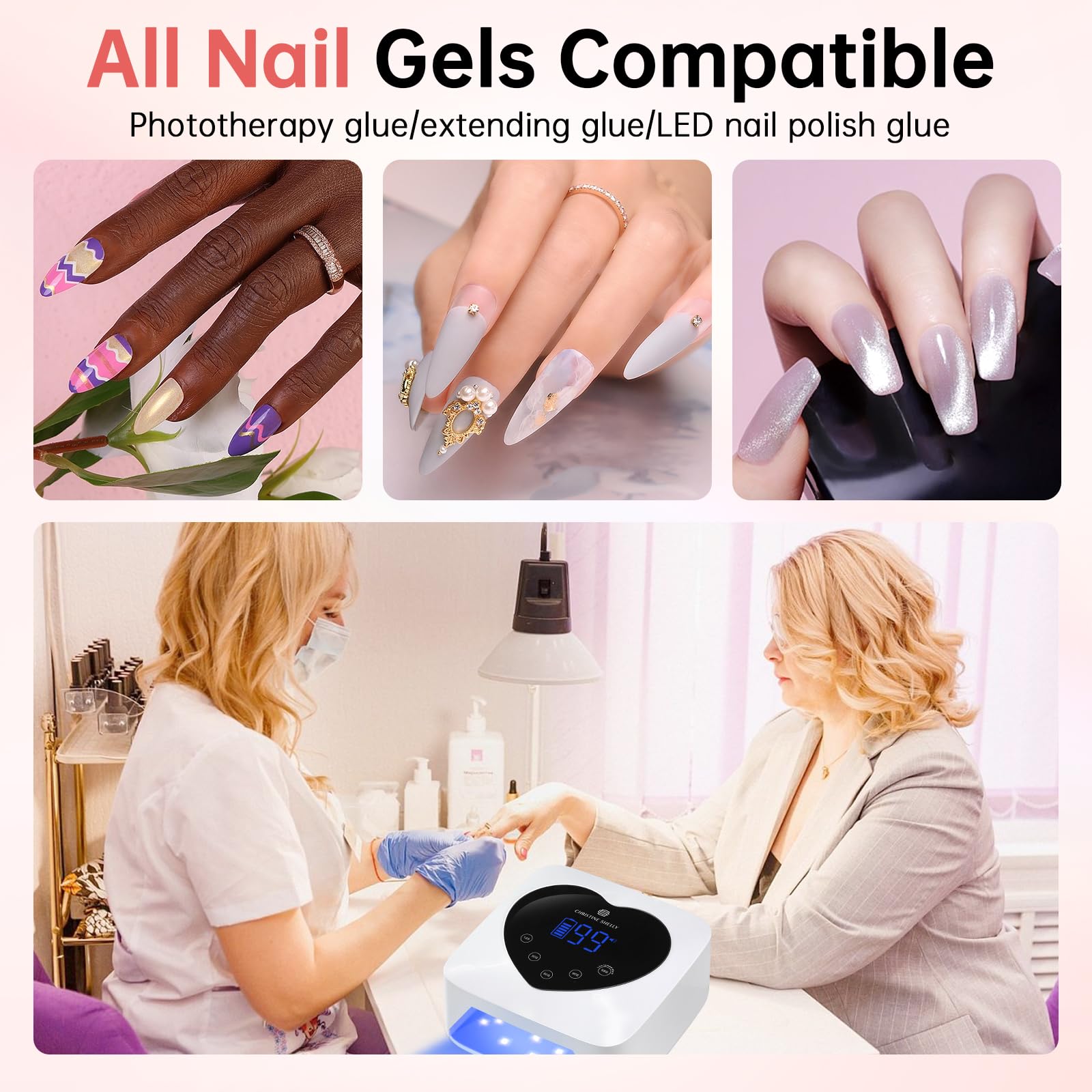CHRISTINE SHELLY lamp uses 30 dual-light beads for versatile gel curing across brands.