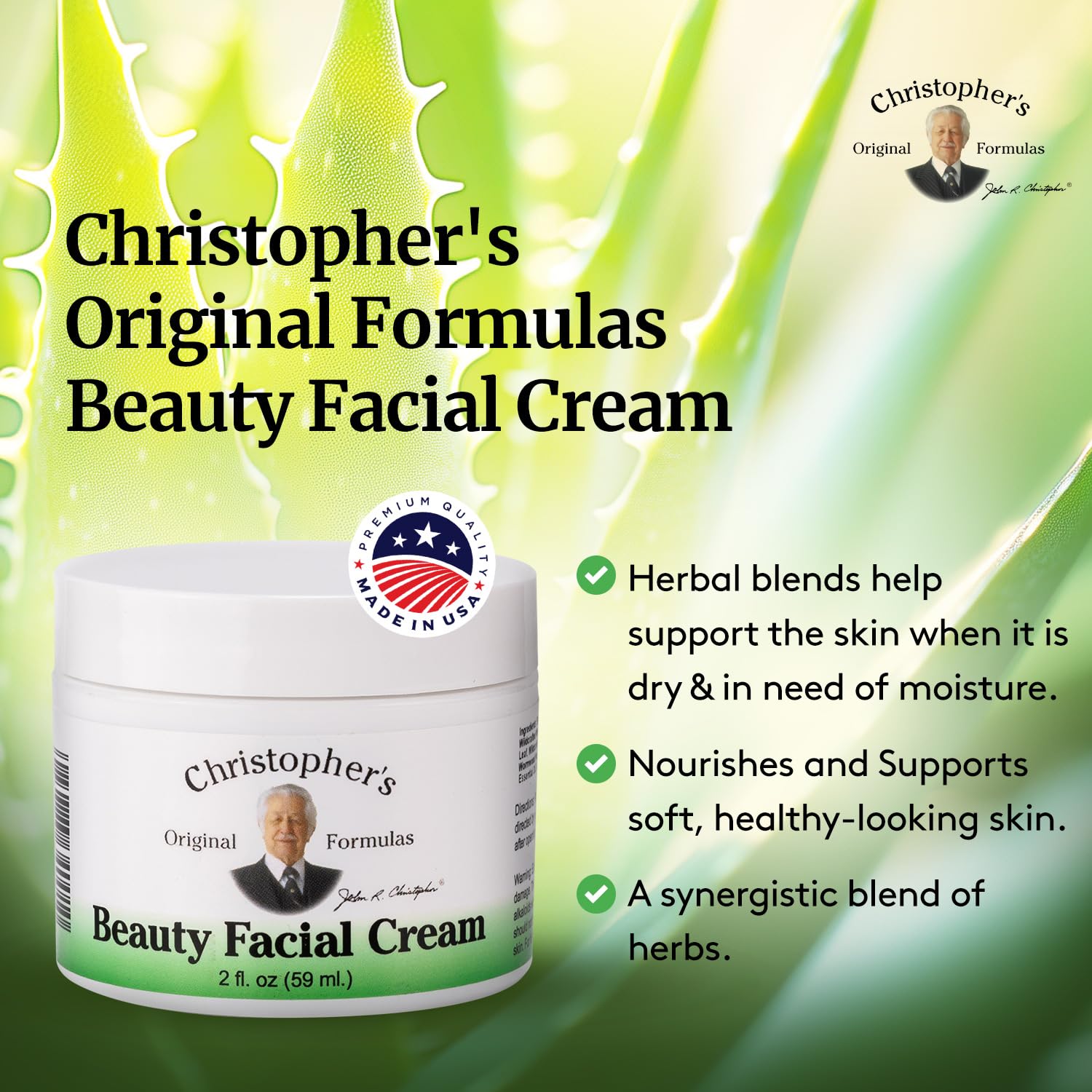 Christopher's Original Formulas Beauty Facial Cream packaging shows USA-made sustainable farming.