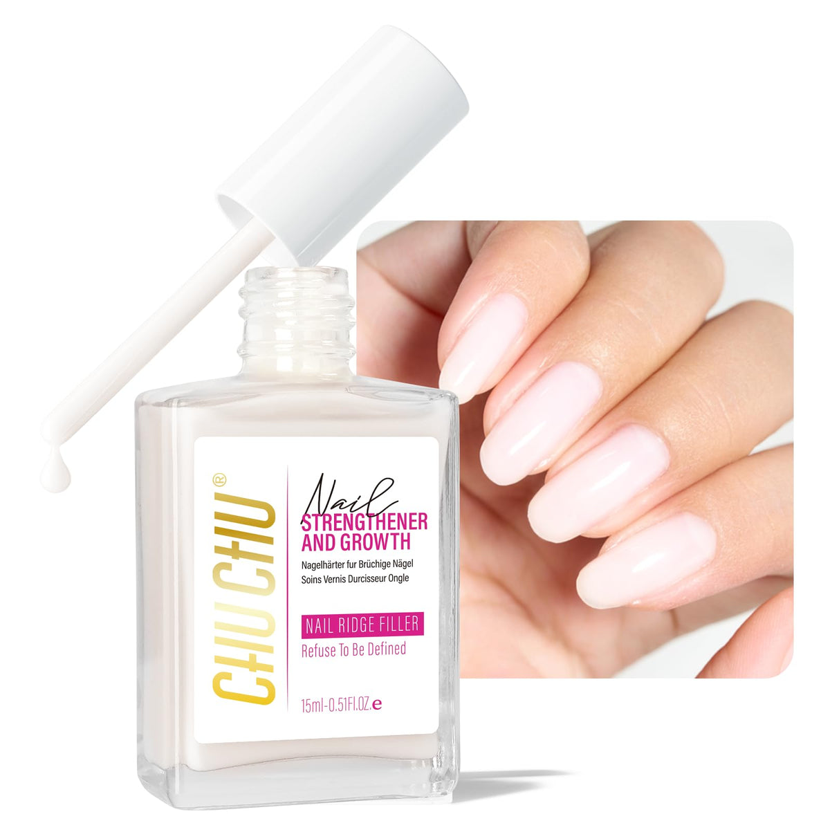 CHUCHU Nail Ridge Filler bottle with milky white formula strengthens brittle nails