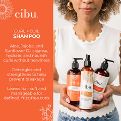 CIBU Curl + Coil Shampoo hands pouring demonstrates easy application.