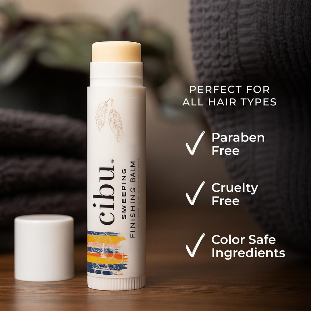 Close-up of CIBU Sweeping Finishing Balm stick showing texture and smooth application