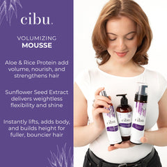 CIBU Volumizing Mousse strong hold on styled hair without stiffness.