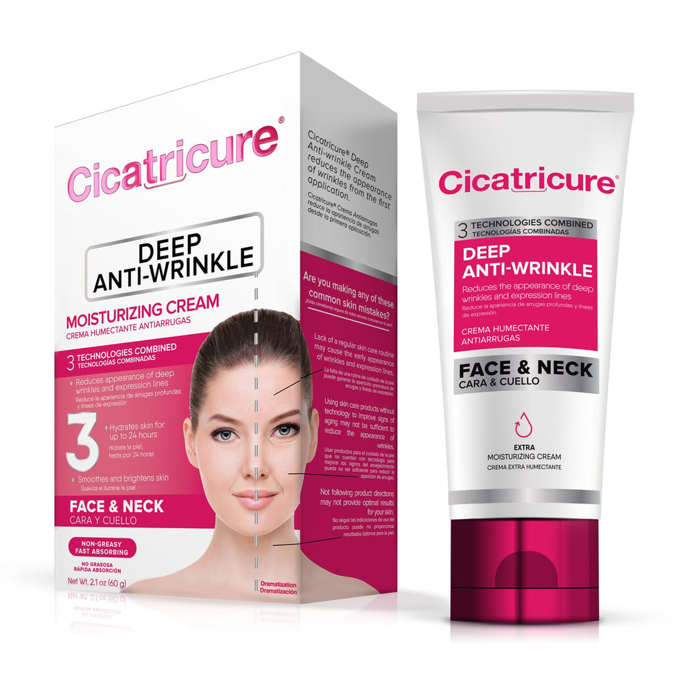 Cicatricure Deep Anti-Wrinkle cream application image showing upward massage for firming.