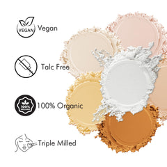 Cinema Secrets Ultralucent Setting Powder Beige packaging highlights vegan, gluten-free formula.