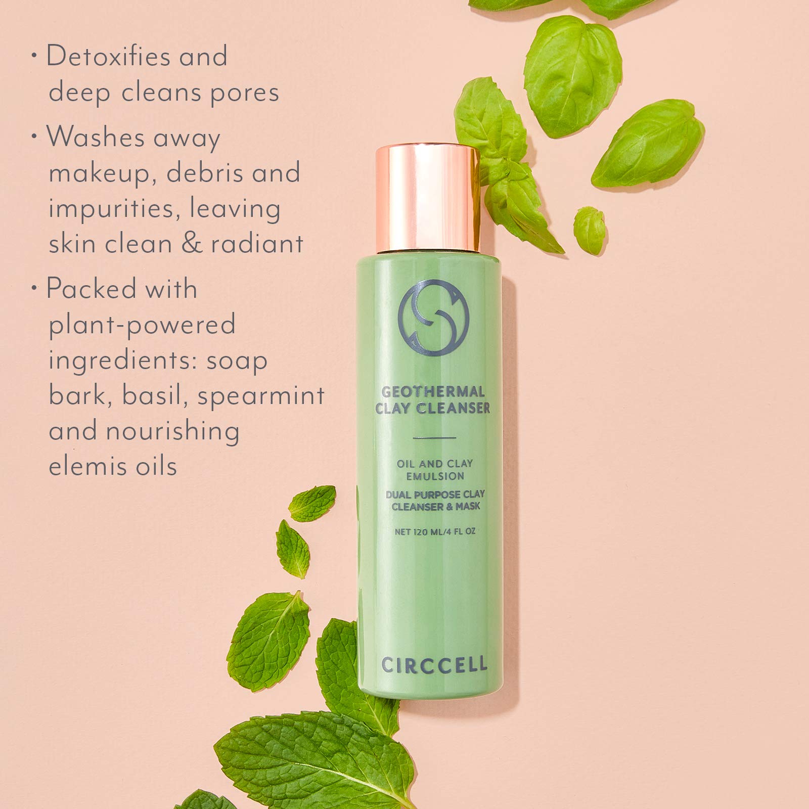 CIRCCELL Geothermal Clay Cleanser ingredients include basil and spearmint for a fresh feel.